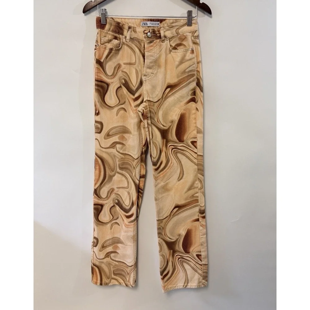 Zara Retro Swirl Jeans Womens Groovy Straight Leg Boot 27 X 32 Sz 2 Funky